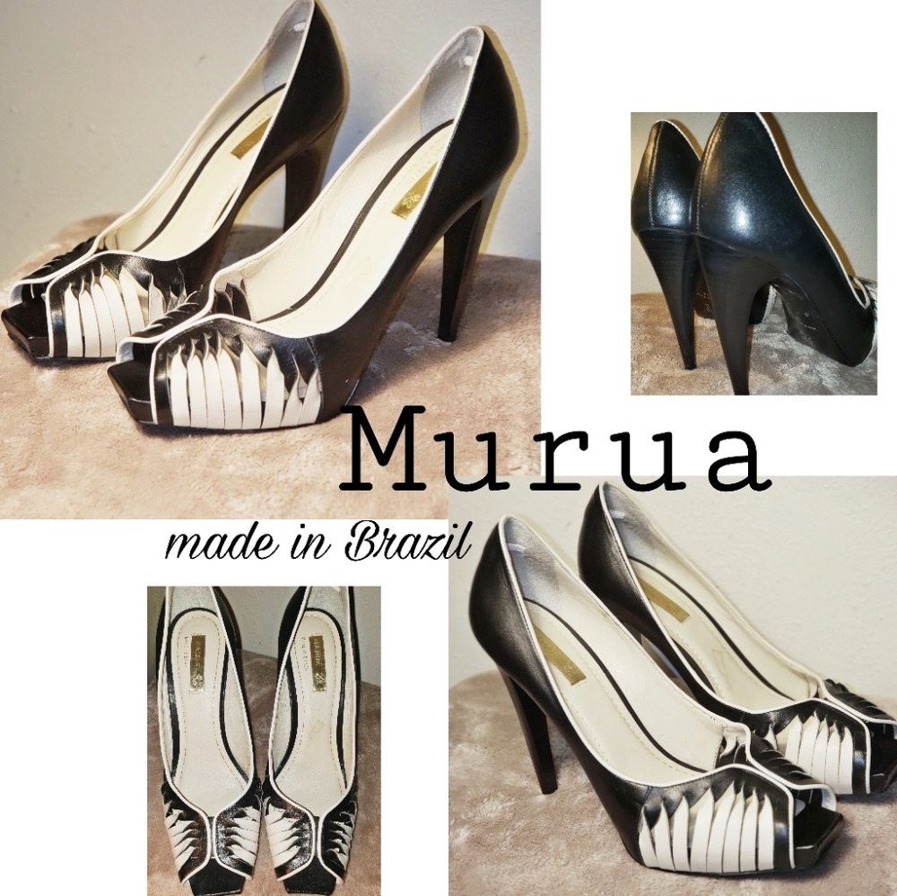 Murua blk/wht peep toe heels. Sz 10. True Beauty!